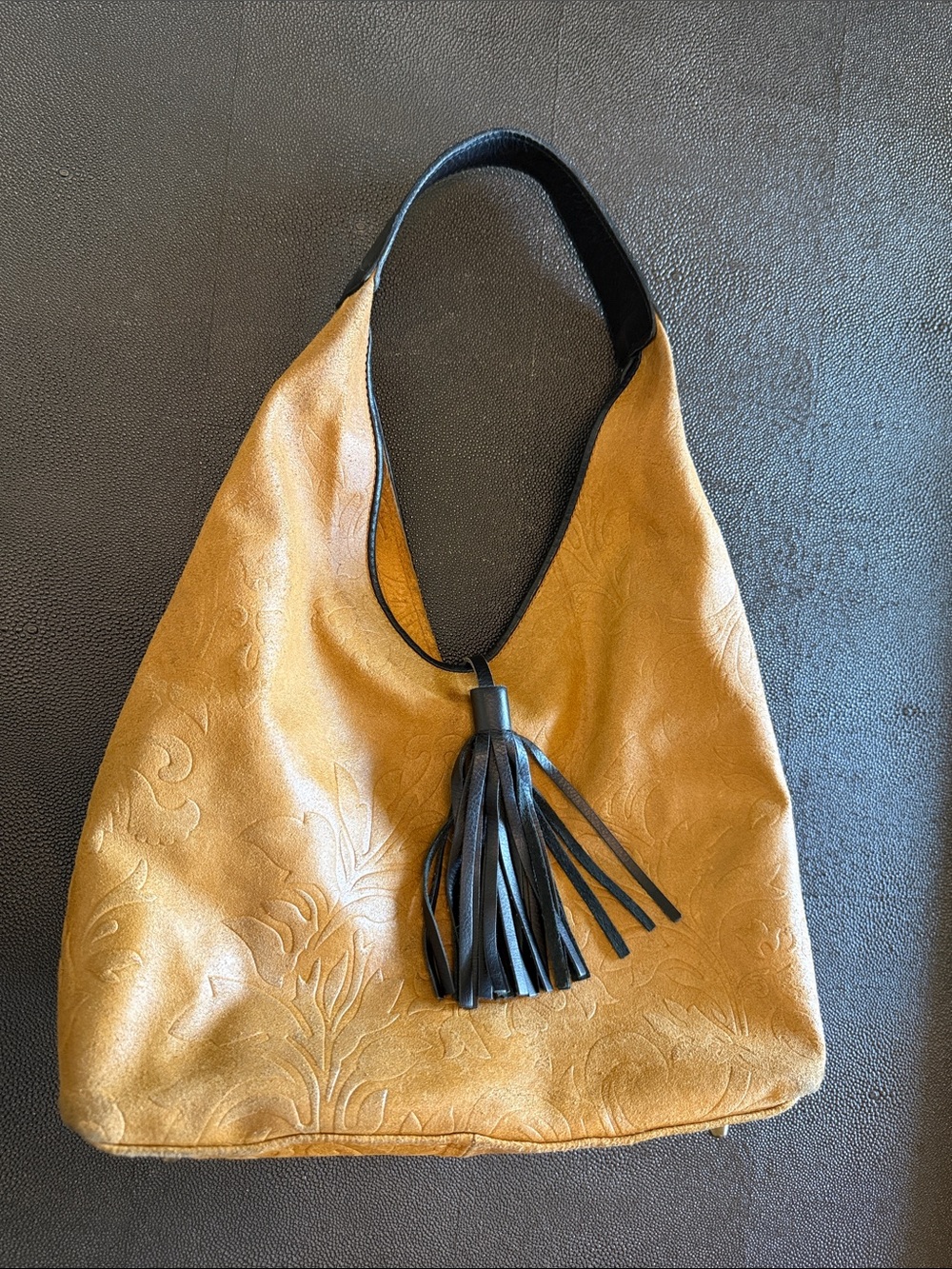 Mustard Yellow Hobo Tote with Black Tassel Strap leather made in Italy
